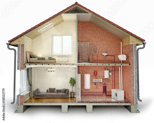 Fototapeta Naklejka Na Ścianę i Meble -  Cross section of house, divided into renovated part and unfinished part with pipes, 3d illustration