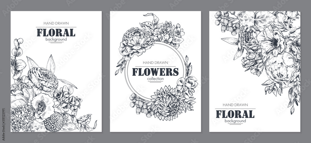 Set of three banners with beautiful flowers and plants