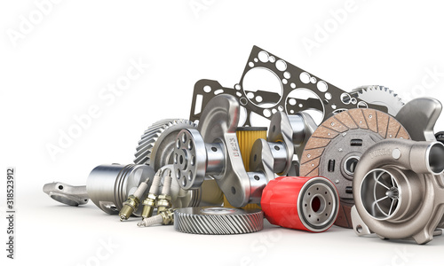 Pile of auto parts isolated on a white background. 3d illustration