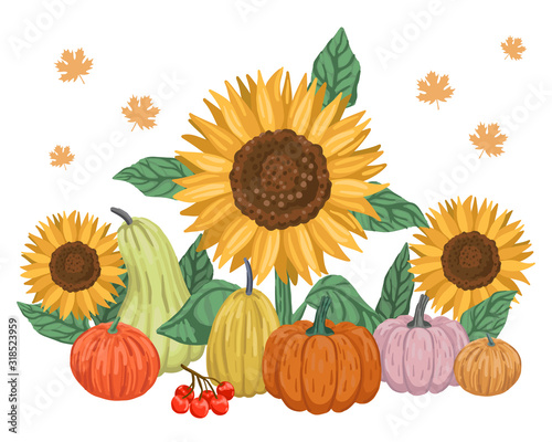 Autumn harvest, berries and sunflowers. Cartoon vector illustration isolated on white background.