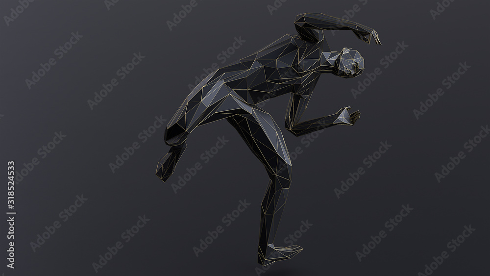 3d render minimalist low poly fighter with thin gold line on black background.