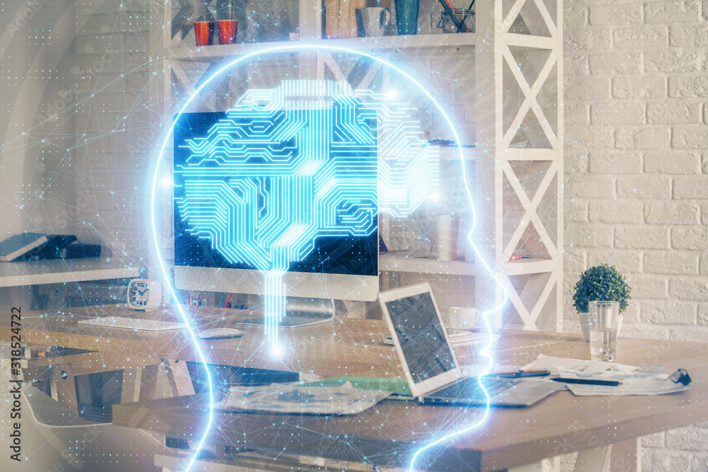custom made wallpaper toronto digitalDouble exposure of work table with computer and brain sketch hologram. Brainstorming concept.