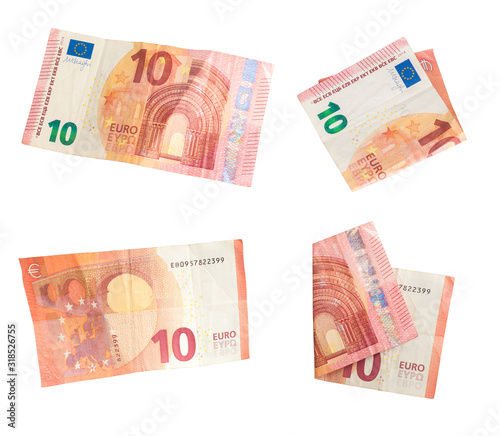 Set of ten euro banknote on white background.