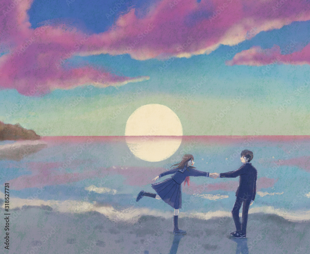 夕日が沈む海辺で手を引く少年少女 Stock イラスト Adobe Stock