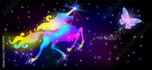 Iridescent unicorn with luxurious winding mane and butterfly against the background of the fantasy universe with sparkling stars