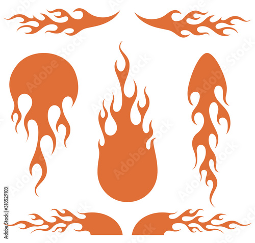 Vector fire blaze set of flame elements on a white background.Red hot flaming fires burn abstract isolated cool drawing emblem set for sticker. - Additional format EPS10