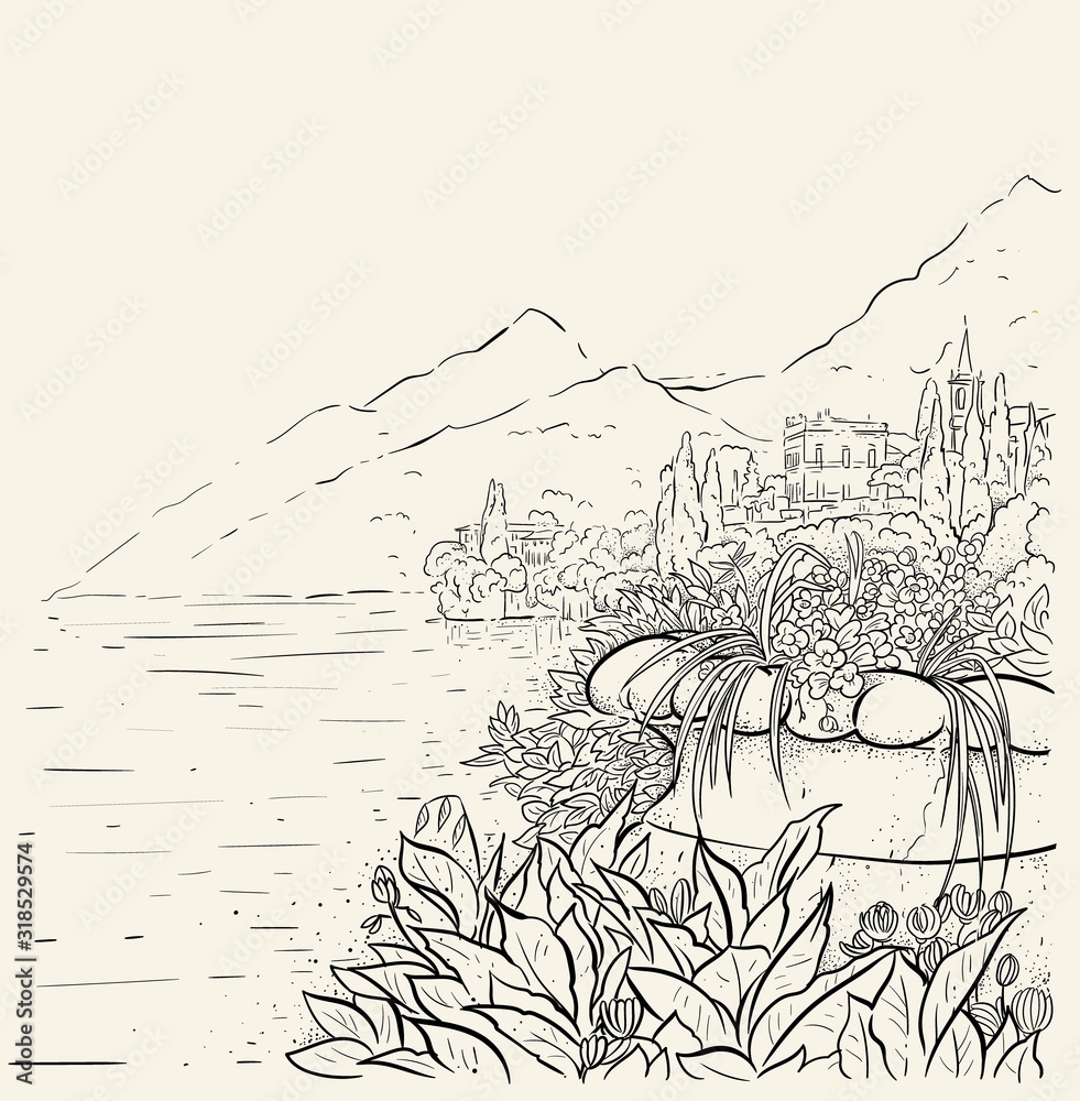 Obraz premium Italian landscape background with villas and cypresses. Como lake romantic sketch outline square illustration.