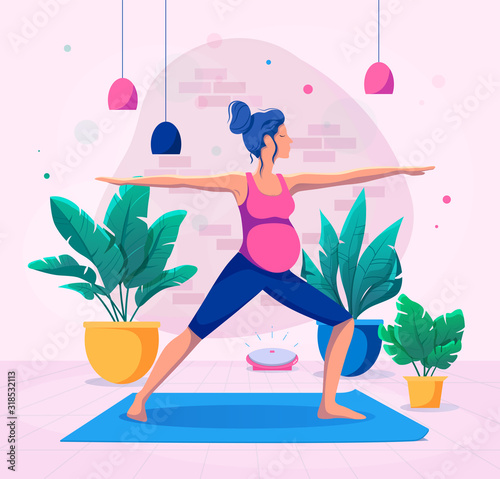 Pregnant woman practicing yoga and meditating vector illustration