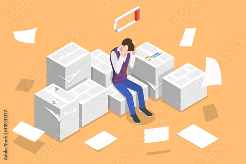 Isometric Vector Concept of Overworked and Tired Office Worker, Exhausted Paper Work, Project Deadline.