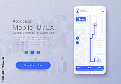 Material Design UI, UX Screen, flat web icons for mobile apps. Dashboard theme creative infographic of city map navigation. Mobile navigation. GPS navigator, route map application.