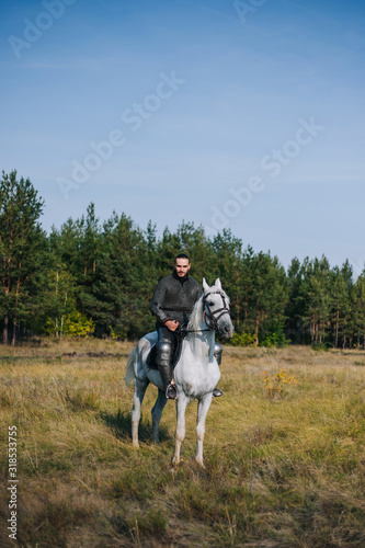Knight on horseback. Armored guy with a white horse. A man in chain mail. Image of a warrior © Вероника Преображенс