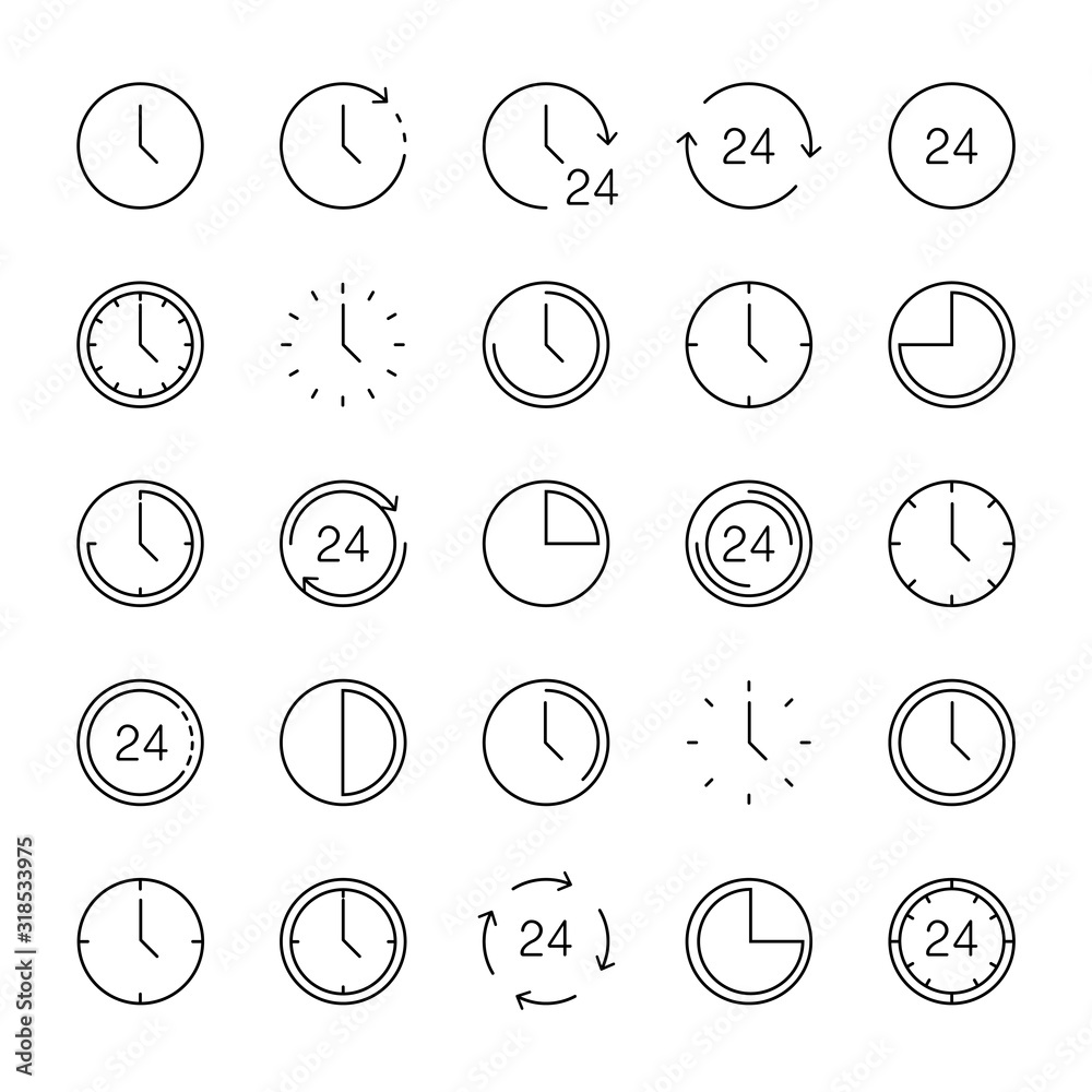 Time icons. Clock collection. Time and Clock vector  collection. Big set of a round line icons. Time and clock, isolated on white background. Web icons in Thin linear simple design. Vector illustratio