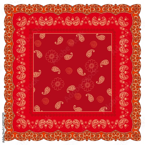 Bright red shawl with flowers and paisley in ornamental frame. Fashion bandana print.