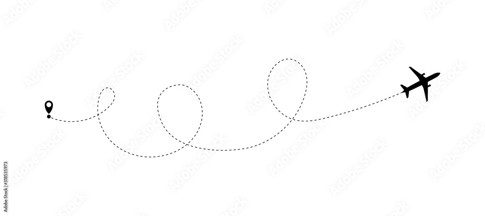 Airplane line path of air plane flight route with start point and dash line trace. Tourism and travel. The waypoint is for a tourist trip on a white background. Vector icon Airplane line path of air plane flight route with start point and dash line trace. Tourism and travel. The waypoint is for a tourist trip on a white background. Vector icon