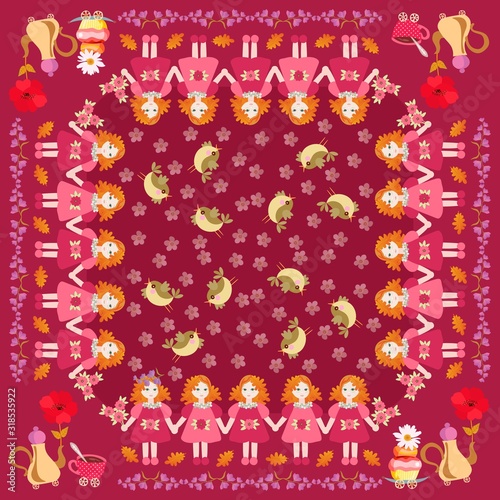 Beautiful square pattern with little red haired girls, birds, flowers, and teapots with cupcakes. Cute vector illustration. Pillowcase, napkin, cushion.
