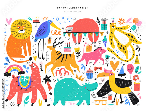 Animals and party symbols vector illustrations set