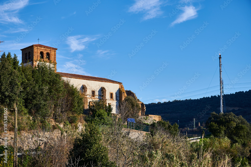 Hotel Signal and Ancient Church at the Background, San Julian de Muskiz, Muskiz, Somorrostro, Biscay, Basque Country, Euskadi, Euskal Herria, Spain, Europe