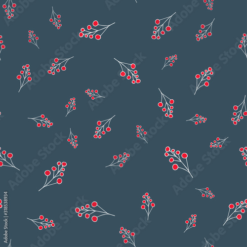 Decorative twigs with red berries, seamless hand-drawn pattern vector illustration and element for coloring.