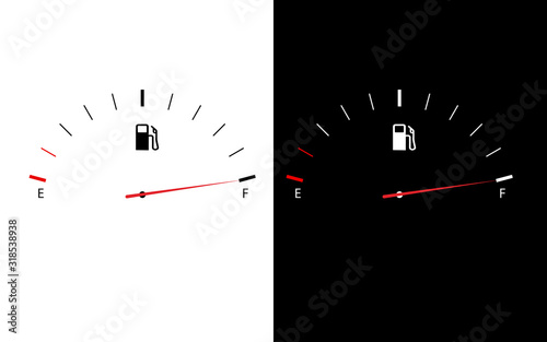 Fuel indicators gas meter. Gauge vector tank full icon. Car dial petrol gasoline dashboard on black and white background.