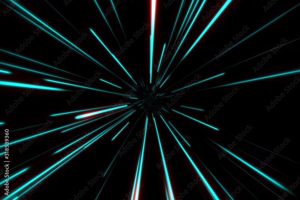 Starry bright glowing lights flying extremely fast lightspeed through hyperspace. Digital Design Concept.