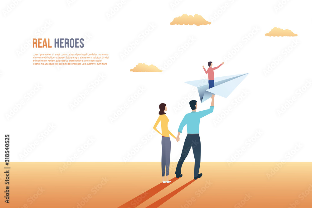 Family vector concept with parents and child on paper plane. Symbol of future, hope and happiness in being together.