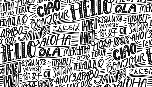 Hello in different languages. Typography seamless pattern. French bonjur, spanish hola, japanese konnichiwa, chinese nihao, indian namaste and other greetings. Handwritten wallpaper for hotels or photo