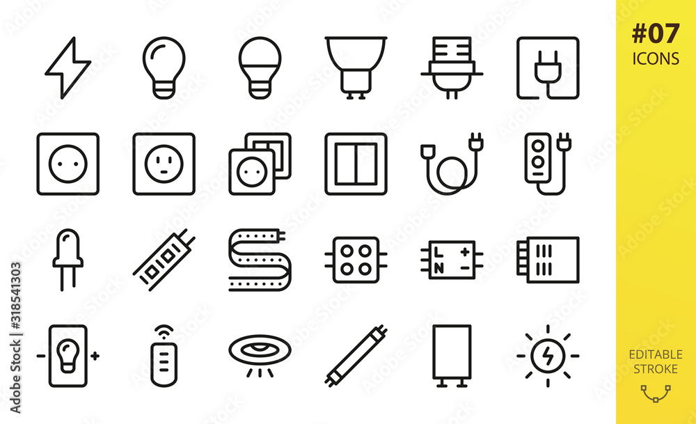 Electricity icons set. Set of lightbulb, lamp, bulb holder, electric plug,  outlet, american socket, switch, extension cord, led strip, fluorescent  tube light and starter, electrification vector icons Stock Vector