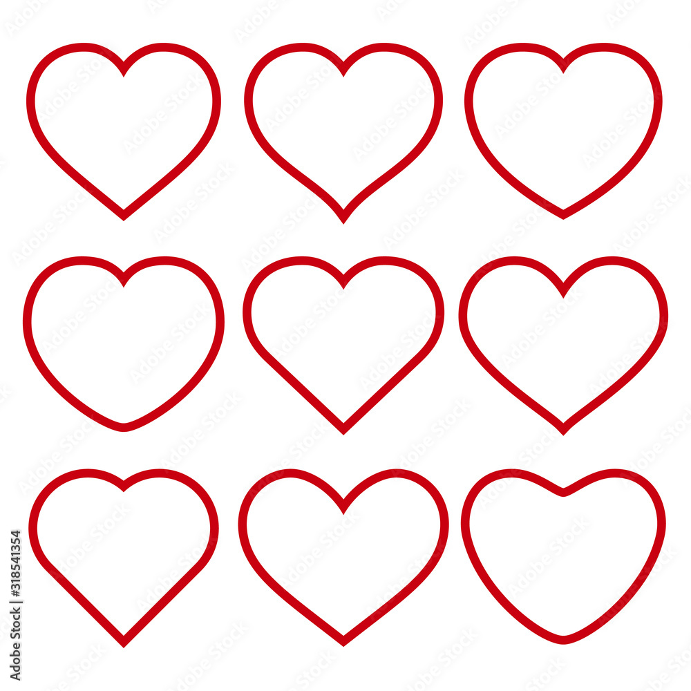 set of vector red hearts on white background