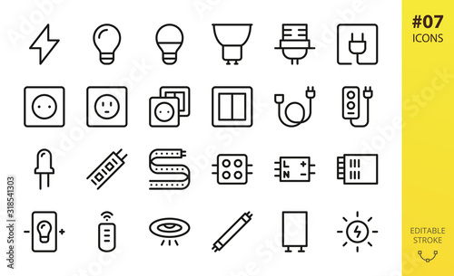 Electricity icons set. Set of lightbulb, lamp, bulb holder, electric plug, outlet, american socket, switch, extension cord, led strip, fluorescent tube light and starter, electrification vector icons