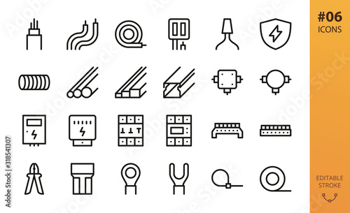 Electricity icons set. Set of electrical wire, hank of cable, pvc tubes, cable channel, junction box, electric box, electricity meter, terminal block connectors, wiring tools isolated vector icons