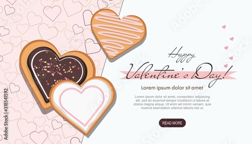 Valentine's day web banner. Heart shaped cookies with glaze. Top view. 