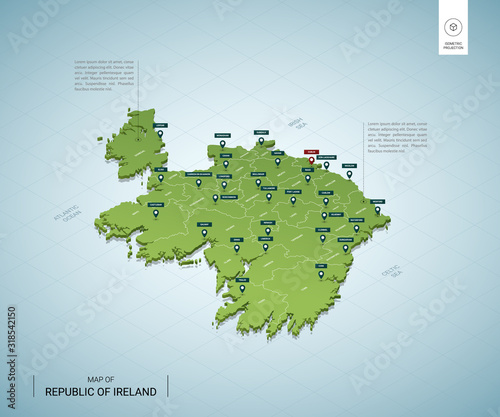 Stylized map of Ireland. Isometric 3D green map with cities, borders, capital Dublin, regions. Vector illustration. Editable layers clearly labeled. English language.