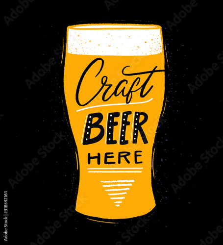 Craft beer here. Pub or brewery poster with hand lettering and pink glass illustration on black board illustration