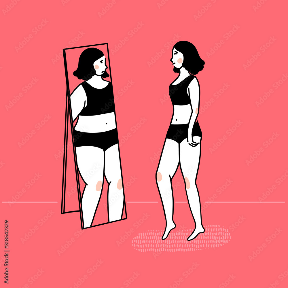 Slim girl looking at fat reflection in mirror. Eating disorder concept, body  dysmorphia. Vector outline illustration on pink background. vector de Stock  | Adobe Stock