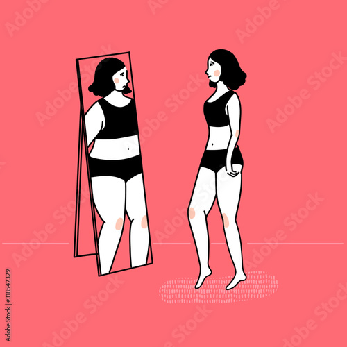 Slim girl looking at fat reflection in mirror. Eating disorder concept, body dysmorphia. Vector outline illustration on pink background. photo
