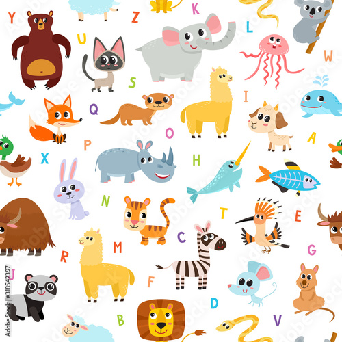 Cute cartoon animals alphabet pattern isolated on white.