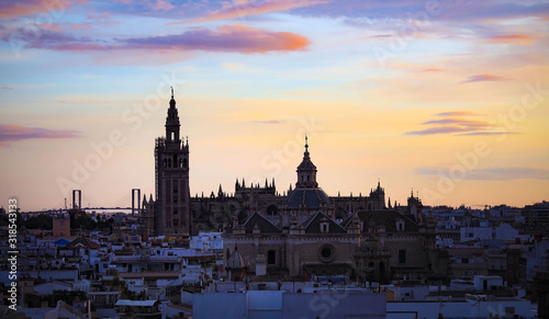 Twilight sky view of Seville, Spain city and Old Quarter skyline in a sunset sky scene