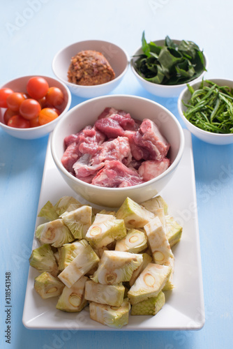 Food ingredients for making Kaeng Khanun-on (Curry Young Jackfruit), Northern Thai local food