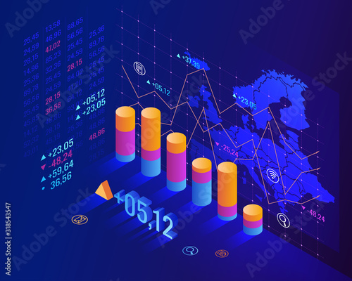 Economic downturn in Europe concept. Abstract blue isometric finance background. Vector illustration