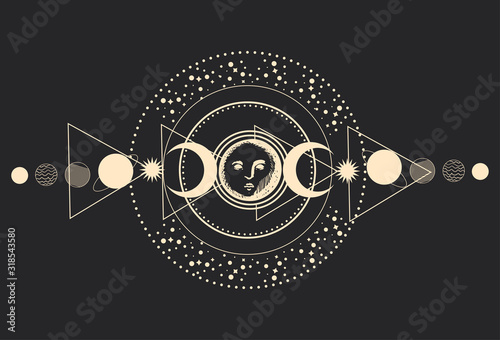 Vector illustration of moon in the center of the solar system, among planets in vintage engraving style.