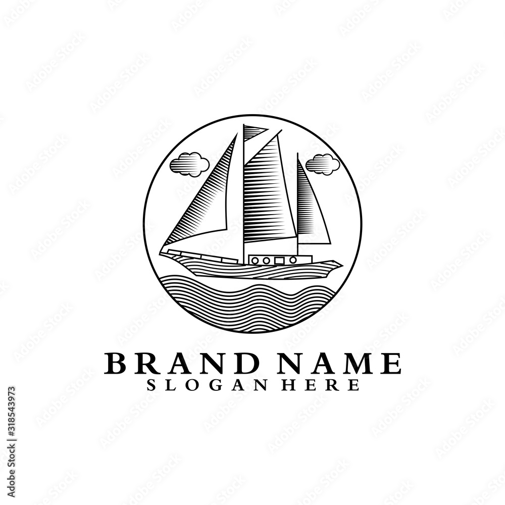 sailing boat mono line badge vector logo design