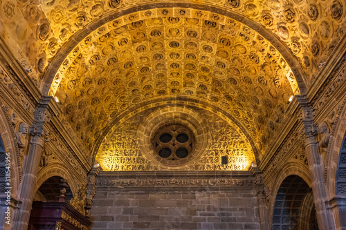 View of the vaults of the Sacristy Major with hundreds of sculptures of different faces of characters from the story, Siguenza Cathedral, Aragon, Spain