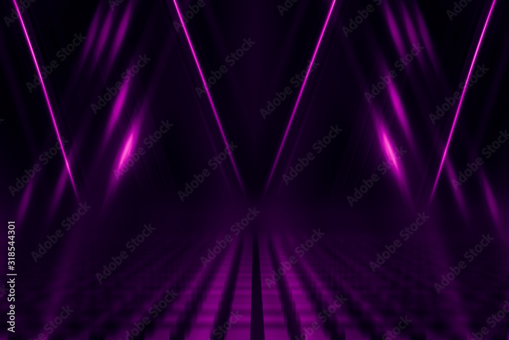 Fototapeta premium Abstract dark background with purple neon glow. Neon luminous figure in the center of the stage. Light lines on a dark background, smoke, smog