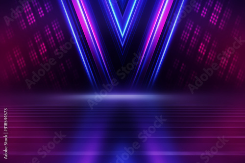 Abstract dark background with blue and pink neon glow. Neon luminous figure in the center of the stage. Light lines on a dark background  smoke  smog