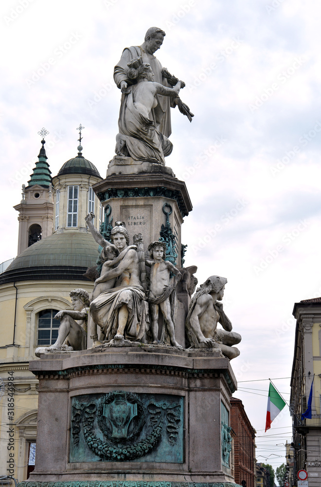 Turin, Piedmont/Italy - The statue of the italian politician Camillo Cavour in the Carlo Emanuele II Square, also named Carlina.