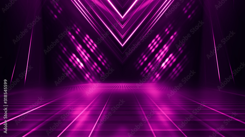 Abstract dark background with purple neon glow. Neon luminous figure in the center of the stage. Light lines on a dark background, smoke, smog