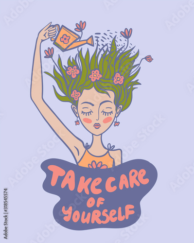  girl watering her head with a watering can, take care of yourself , vector illustration,