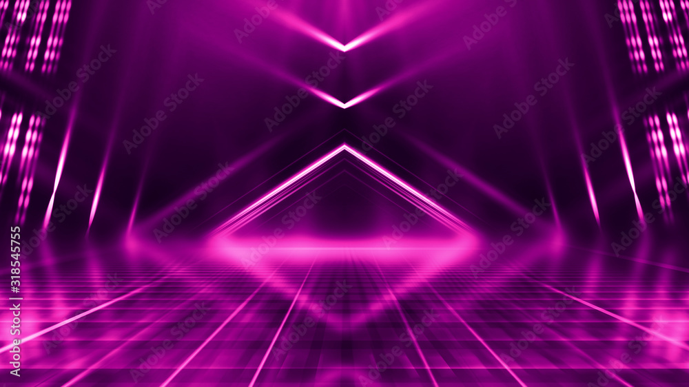 Abstract dark background with purple neon glow. Neon luminous figure in the center of the stage. Light lines on a dark background, smoke, smog Abstract dark background with purple neon glow. Neon luminous figure in the center of the stage. Light lines on a dark background, smoke, smog