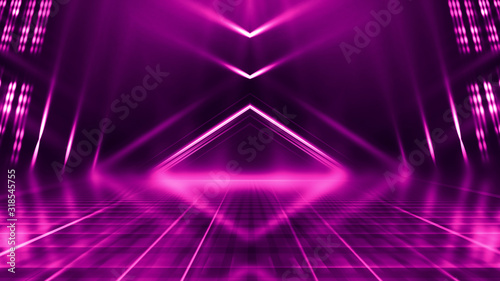 Abstract dark background with purple neon glow. Neon luminous figure in the center of the stage. Light lines on a dark background, smoke, smog © Laura Сrazy