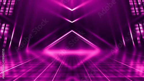 Abstract dark background with purple neon glow. Neon luminous figure in the center of the stage. Light lines on a dark background, smoke, smog